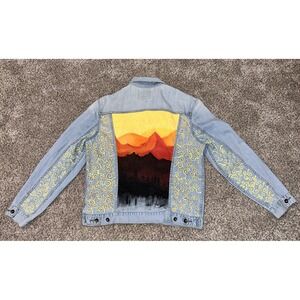 Lucky Brand Womens Blue Denim Jean Jacket Y2K Hand painted Woman Large